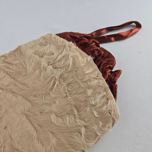Vintage Genuine Lamb Fur Hand Muff with Rust Satin Ruffle Trim & Wrist Strap