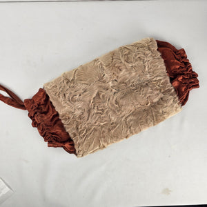 Vintage Genuine Lamb Fur Hand Muff with Rust Satin Ruffle Trim & Wrist Strap