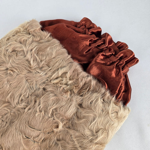 Vintage Genuine Lamb Fur Hand Muff with Rust Satin Ruffle Trim & Wrist Strap