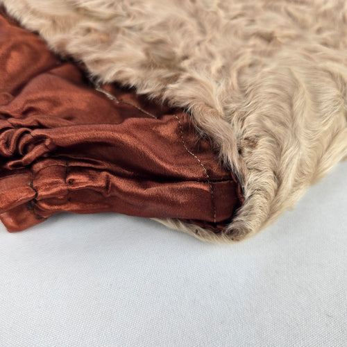 Vintage Genuine Lamb Fur Hand Muff with Rust Satin Ruffle Trim & Wrist Strap