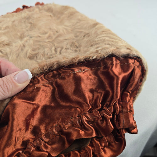 Vintage Genuine Lamb Fur Hand Muff with Rust Satin Ruffle Trim & Wrist Strap