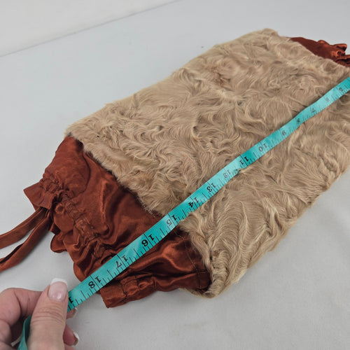 Vintage Genuine Lamb Fur Hand Muff with Rust Satin Ruffle Trim & Wrist Strap