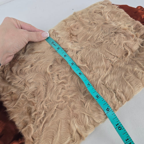 Vintage Genuine Lamb Fur Hand Muff with Rust Satin Ruffle Trim & Wrist Strap