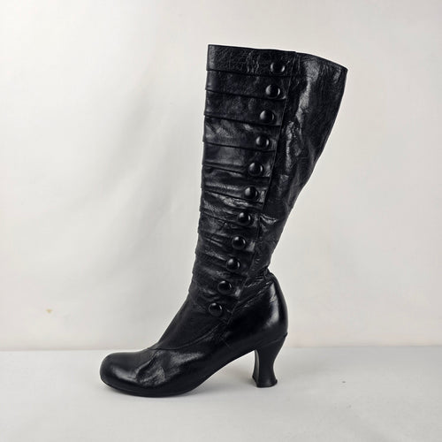 Miz Mooz Astor Black Leather Knee High Button Detail Boots Size 9