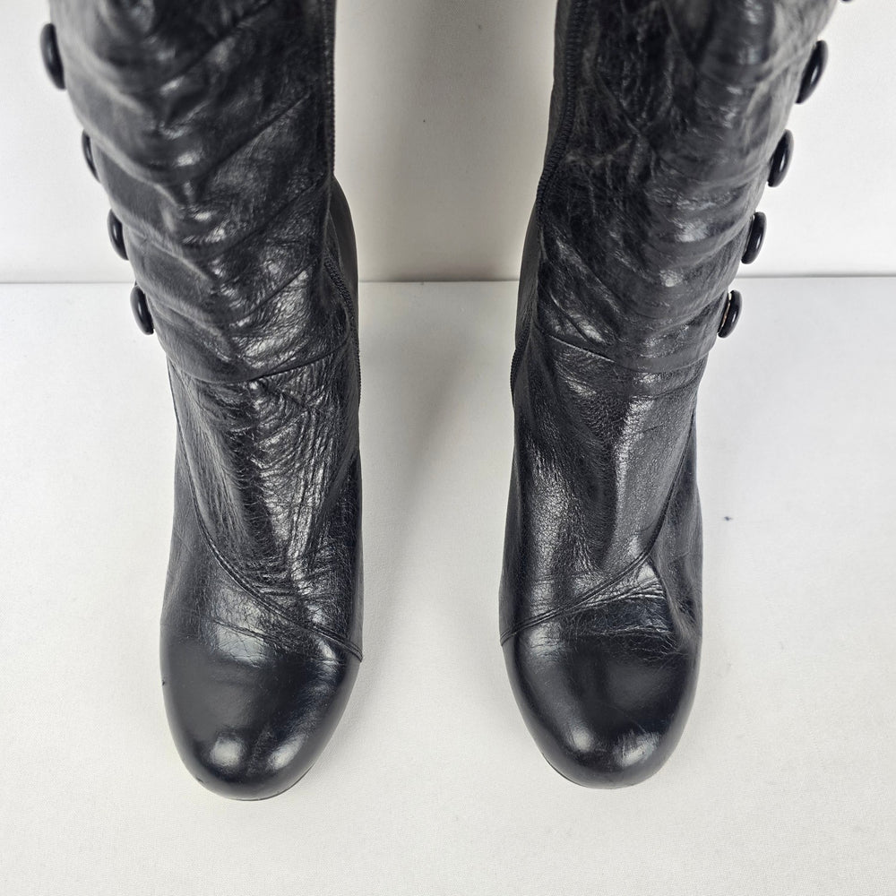 Miz Mooz Astor Black Leather Knee High Button Detail Boots Size 9