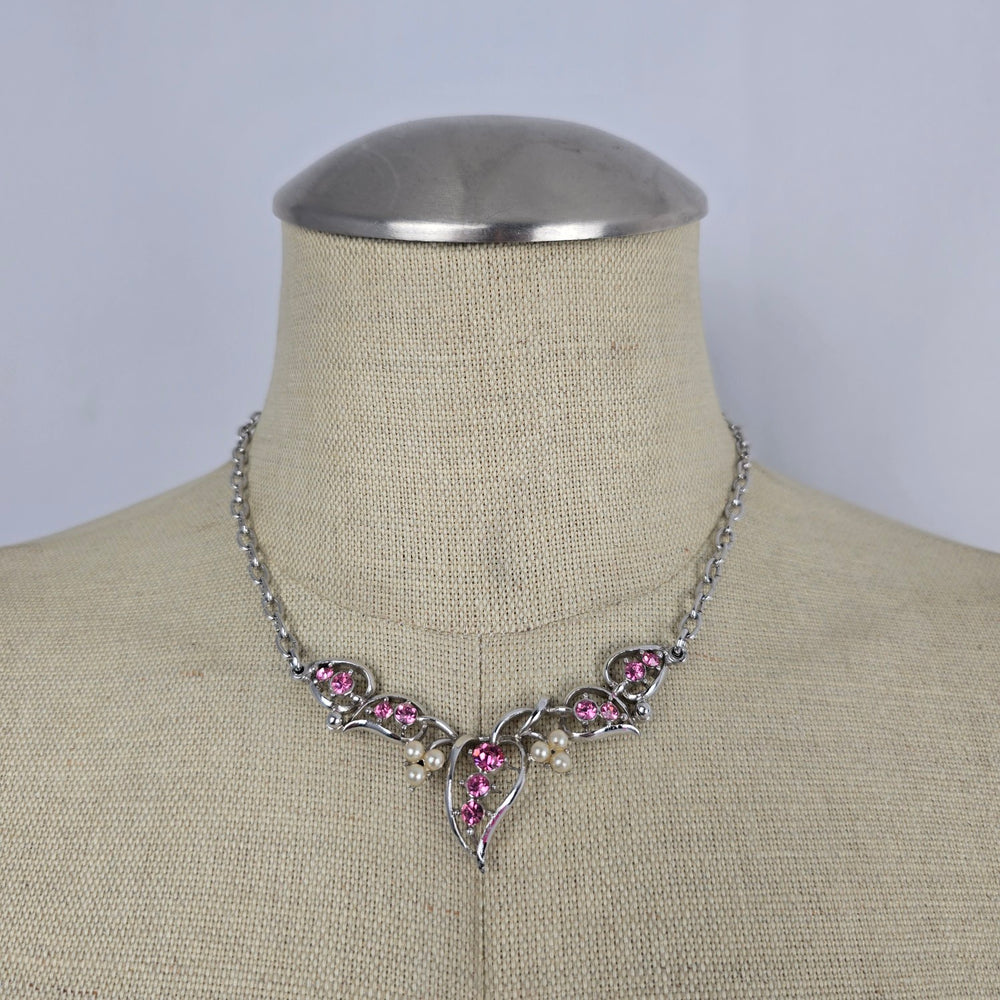 Vintage Silver Tone Pink Rhinestone Faux Pearl Floral Statement Necklace