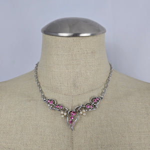 Vintage Silver Tone Pink Rhinestone Faux Pearl Floral Statement Necklace