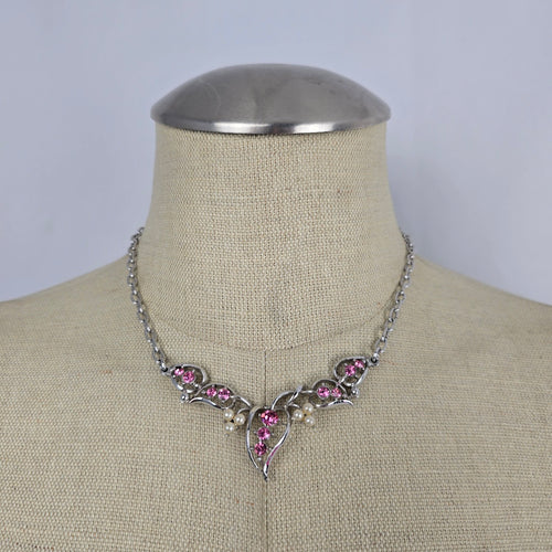 Vintage Silver Tone Pink Rhinestone Faux Pearl Floral Statement Necklace