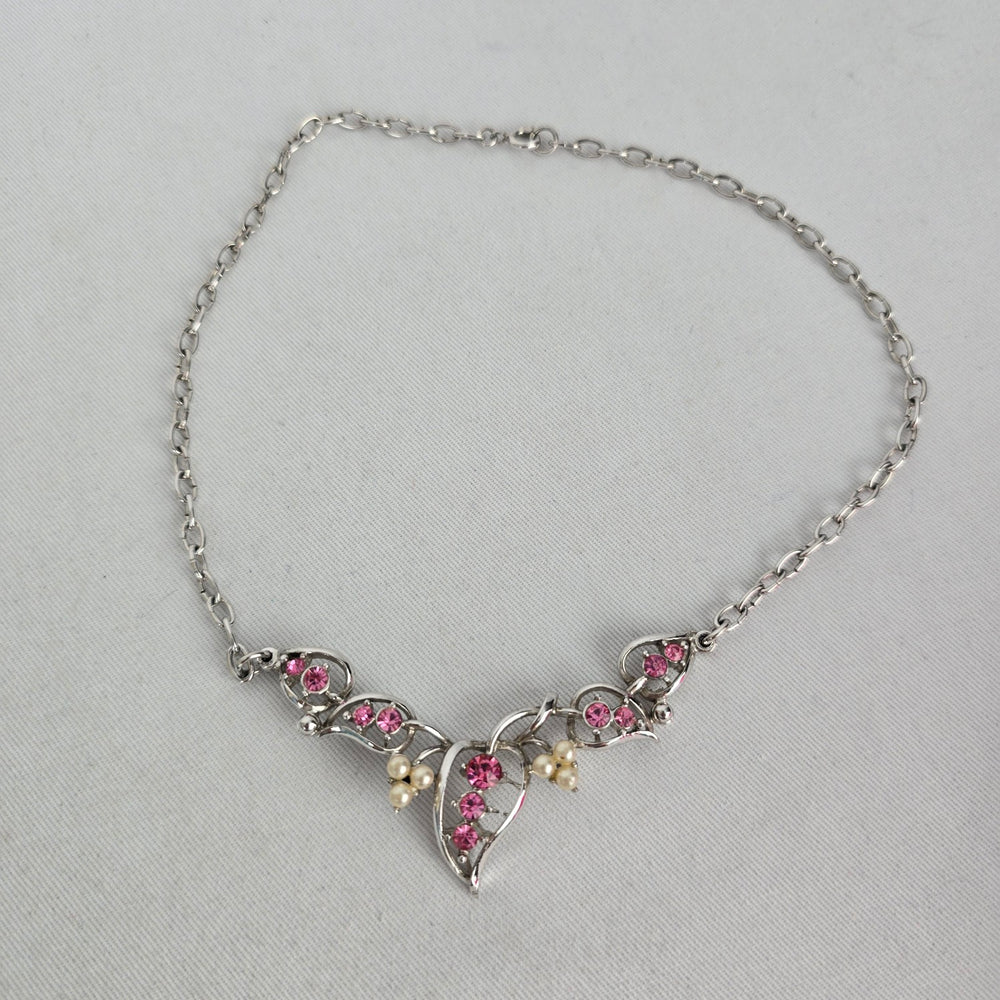Vintage Silver Tone Pink Rhinestone Faux Pearl Floral Statement Necklace