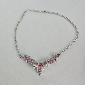 Vintage Silver Tone Pink Rhinestone Faux Pearl Floral Statement Necklace