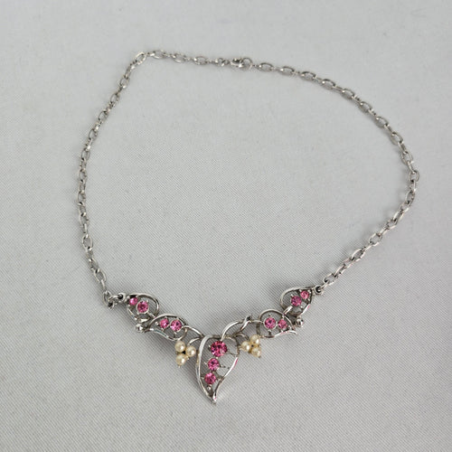 Vintage Silver Tone Pink Rhinestone Faux Pearl Floral Statement Necklace