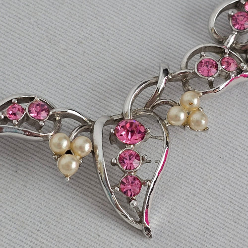 Vintage Silver Tone Pink Rhinestone Faux Pearl Floral Statement Necklace