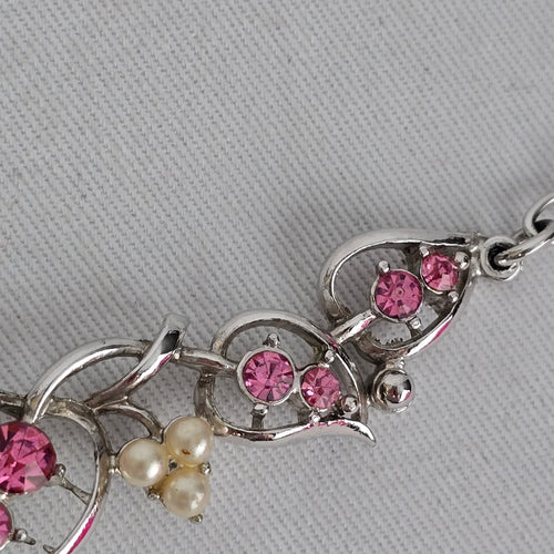 Vintage Silver Tone Pink Rhinestone Faux Pearl Floral Statement Necklace