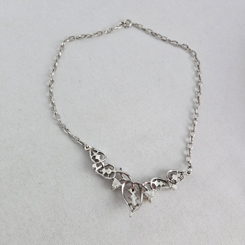 Vintage Silver Tone Pink Rhinestone Faux Pearl Floral Statement Necklace