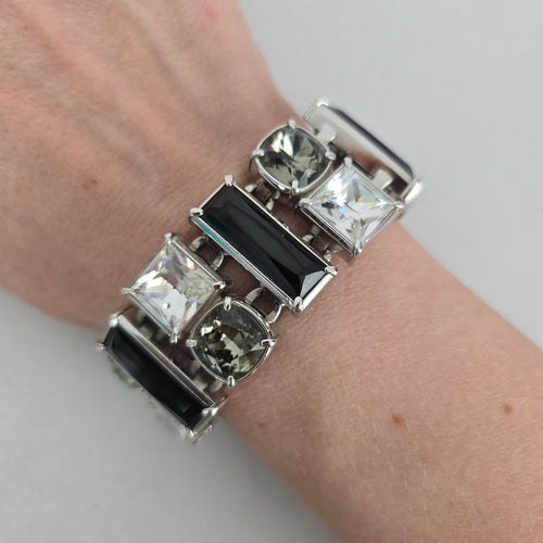 Myka Silver-Tone Black and Clear Crystal Link Bracelet