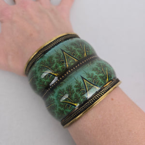 Wide Green Enamel Brass Cuff Bracelet