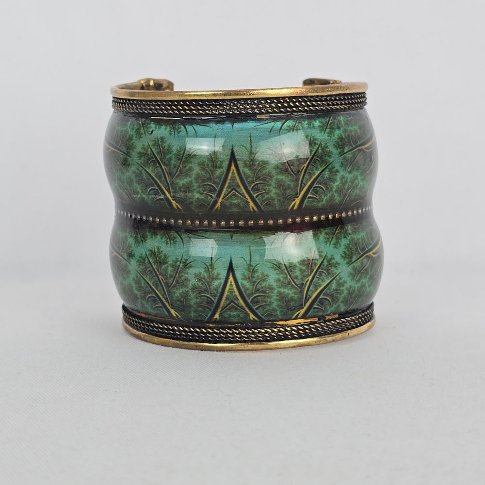 Wide Green Enamel Brass Cuff Bracelet
