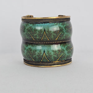 Wide Green Enamel Brass Cuff Bracelet