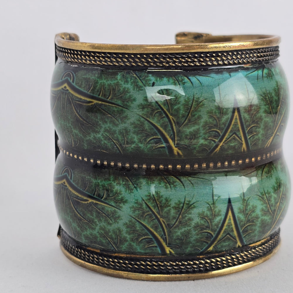 Wide Green Enamel Brass Cuff Bracelet
