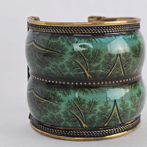 Wide Green Enamel Brass Cuff Bracelet