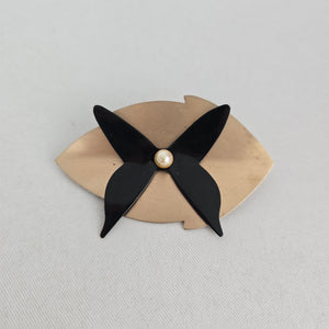 Vintage Style Black Butterfly Modernist Gold Tone Brooch