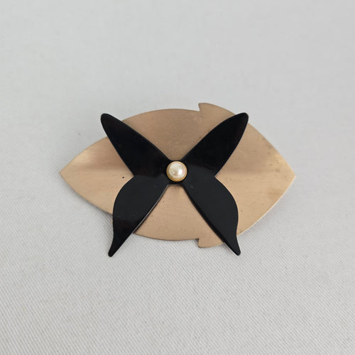 Vintage Style Black Butterfly Modernist Gold Tone Brooch