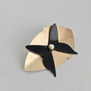 Vintage Style Black Butterfly Modernist Gold Tone Brooch
