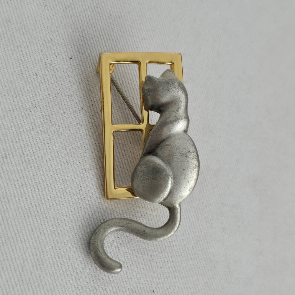 Pewter Cat in Gold Window Brooch