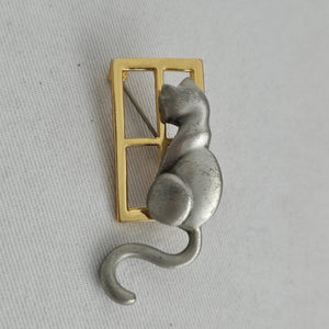 Pewter Cat in Gold Window Brooch