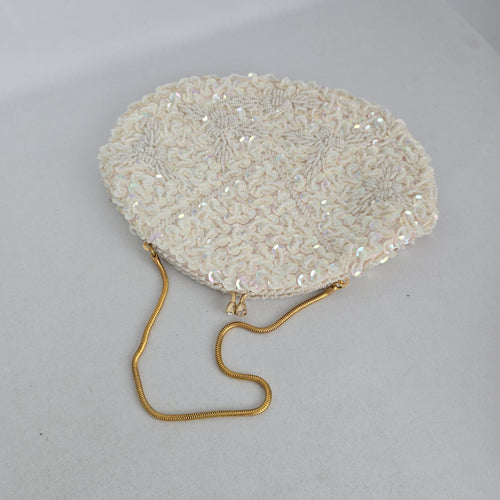 Vintage Ivory Sequin and Pearl Oval Clutch