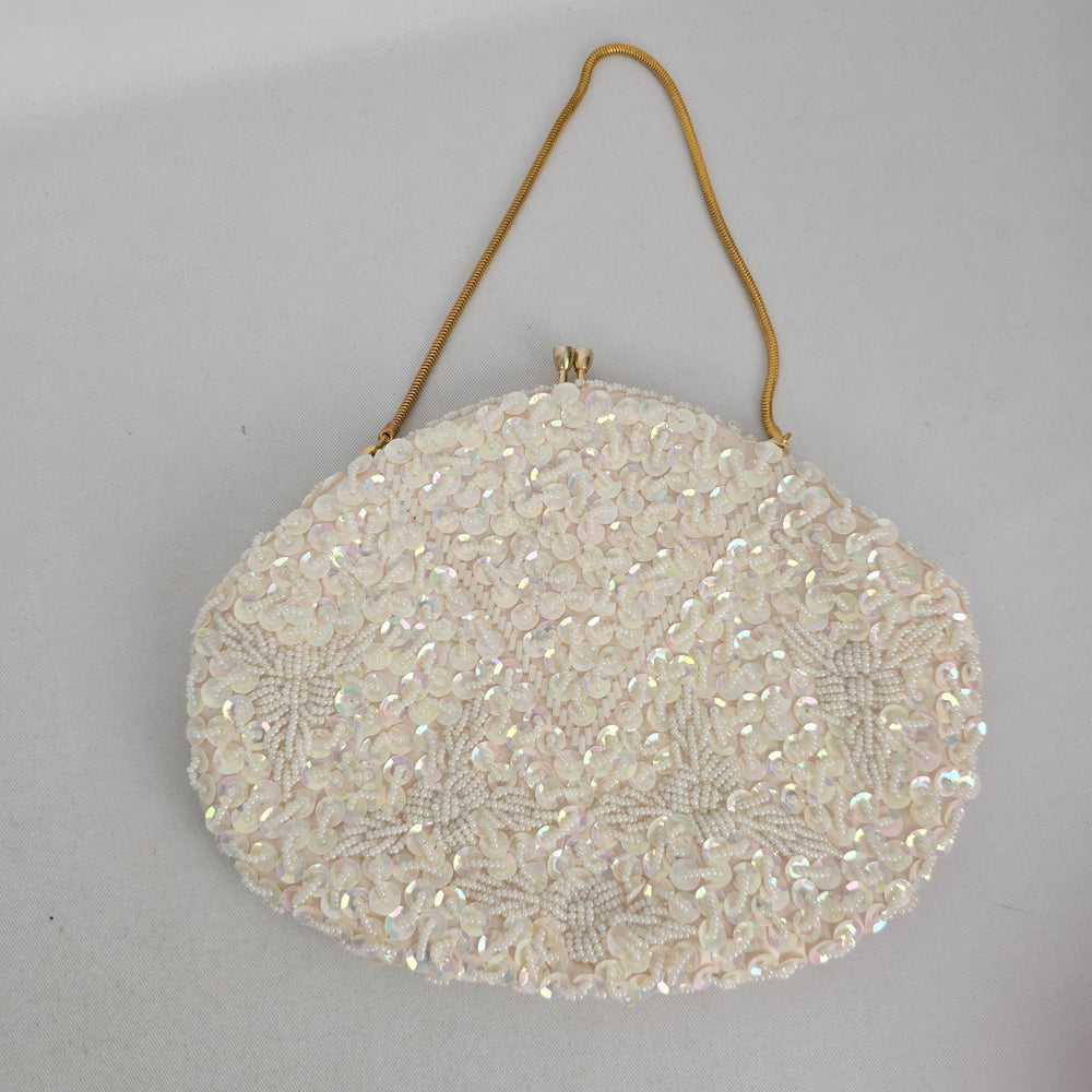 Vintage Du-Val Ivory Sequin and Pearl Oval Clutch
