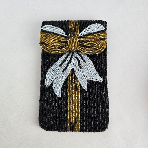 Black Beaded Bow Clutch, Gold and Silver