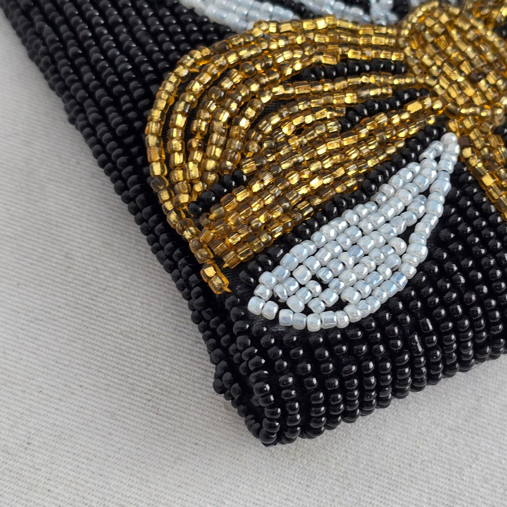 Black Beaded Bow Clutch, Gold and Silver