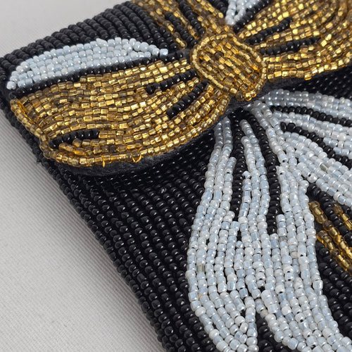 Black Beaded Bow Clutch, Gold and Silver