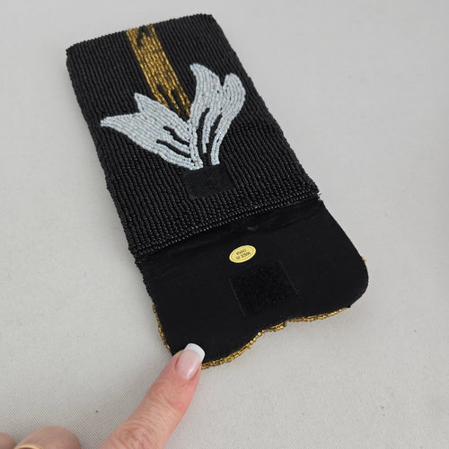 Black Beaded Bow Clutch, Gold and Silver