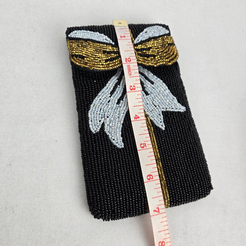 Black Beaded Bow Clutch, Gold and Silver