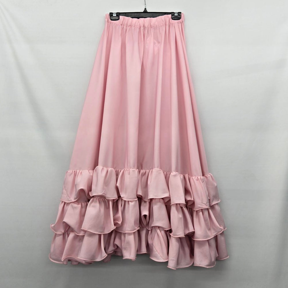 Vintage Pink Tiered Ruffle Maxi Skirt Elastic Waist Flowy Romantic Boho Style - Size S