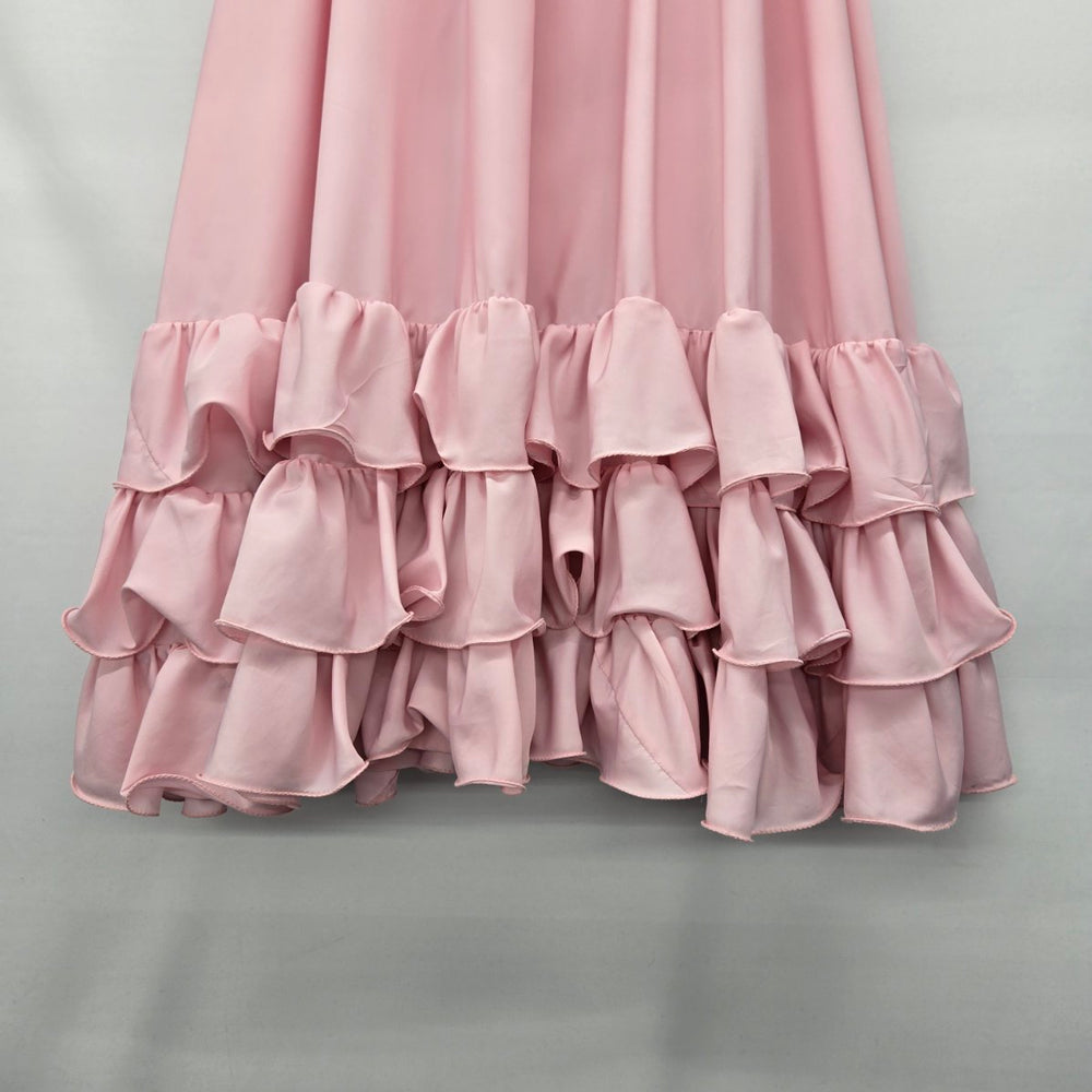 Vintage Pink Tiered Ruffle Maxi Skirt Elastic Waist Flowy Romantic Boho Style - Size S