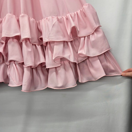 Vintage Pink Tiered Ruffle Maxi Skirt Elastic Waist Flowy Romantic Boho Style - Size S
