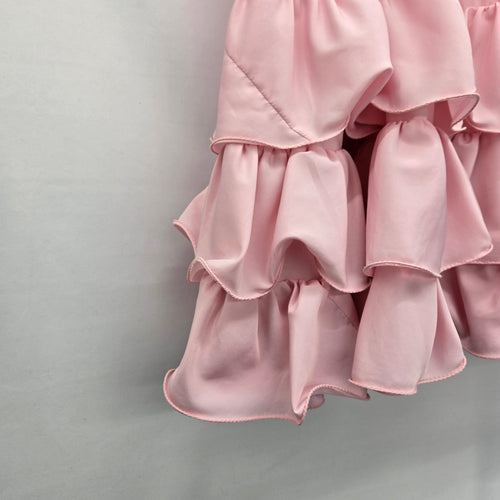 Vintage Pink Tiered Ruffle Maxi Skirt Elastic Waist Flowy Romantic Boho Style - Size S