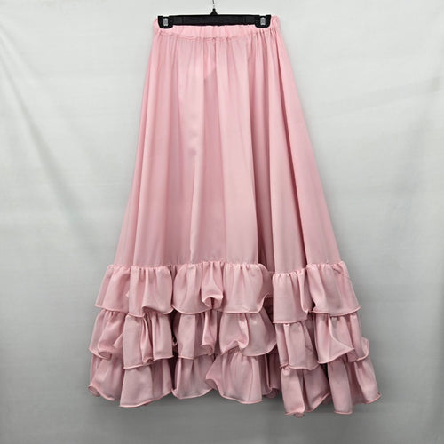 Vintage Pink Tiered Ruffle Maxi Skirt Elastic Waist Flowy Romantic Boho Style - Size S