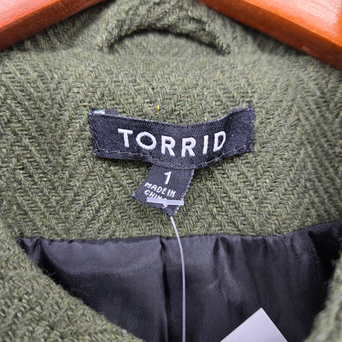 Torrid Olive Green Herringbone Military Coat Faux Leather Sleeves Size 1X