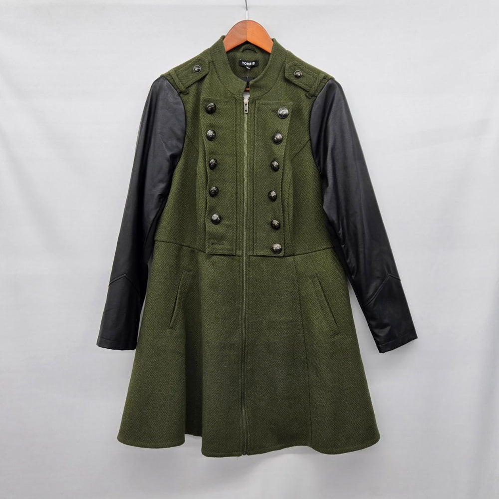 Torrid Olive Green Herringbone Military Coat Faux Leather Sleeves Size 1X