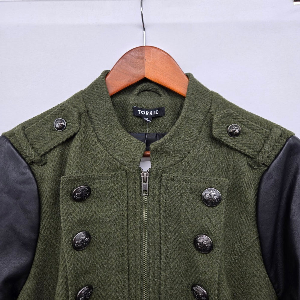 Torrid Olive Green Herringbone Military Coat Faux Leather Sleeves Size 1X