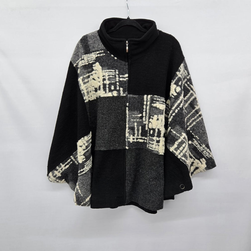 Dolcezza Wool Blend Poncho Cape Jacket Black Gray Cream Size XL
