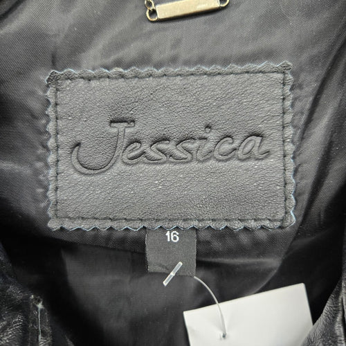 Jessica Black Genuine Leather Button Front Car Coat Jacket Size 16