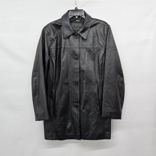 Jessica Black Genuine Leather Button Front Car Coat Jacket Size 16