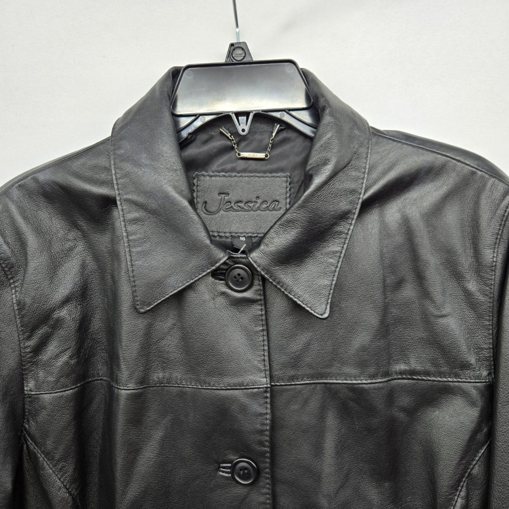 Jessica Black Genuine Leather Button Front Car Coat Jacket Size 16