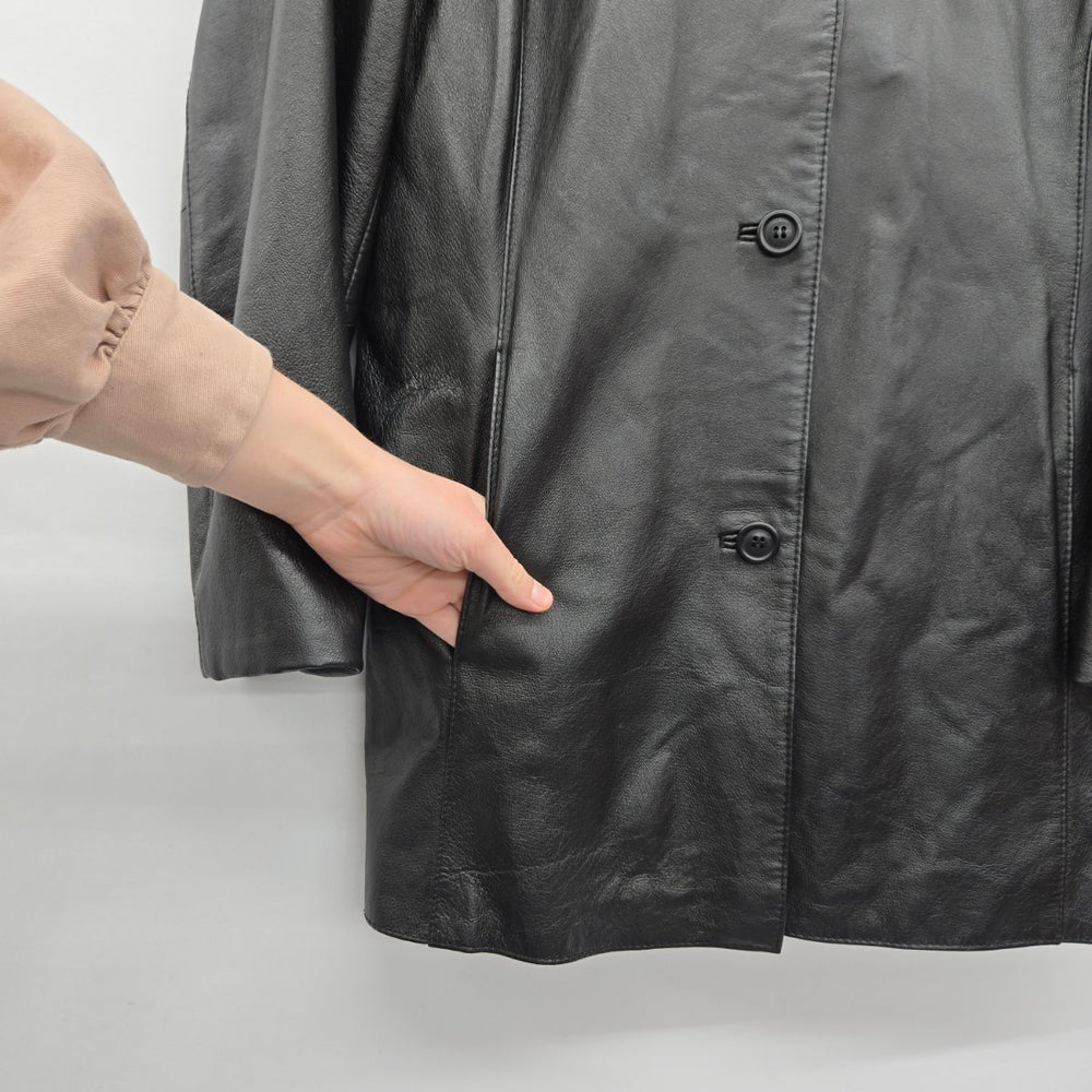 Jessica Black Genuine Leather Button Front Car Coat Jacket Size 16