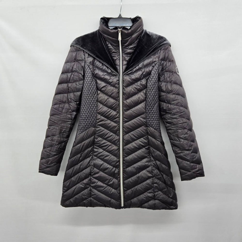 Laundry Charcoal Down Puffer Coat Velvet Trim Hooded Long Jacket - Size S/XS